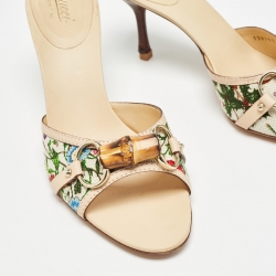 Pre Owned Gucci Multicolor Floral Canvas Bamboo Horsebit Slide Sandals Size 38.5