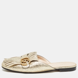Gucci Gold Leather Fringes GG Marmont Mules Size 39
