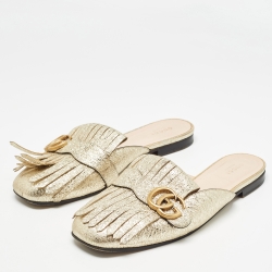 Gucci Gold Leather Fringes GG Marmont Mules Size 39