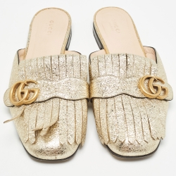 Gucci Gold Leather Fringes GG Marmont Mules Size 39