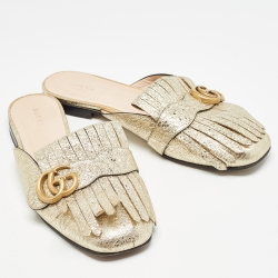 Gucci Gold Leather Fringes GG Marmont Mules Size 39