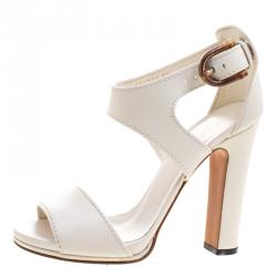 Pre Owned Gucci White Leather Lifford Bamboo Buckle Block Heel Sandals Size 38