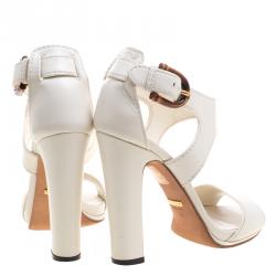 Pre Owned Gucci White Leather Lifford Bamboo Buckle Block Heel Sandals Size 38