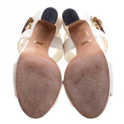 Pre Owned Gucci White Leather Lifford Bamboo Buckle Block Heel Sandals Size 38