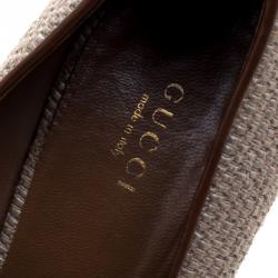 Pre Owned Gucci Maple Brown Straw Charlotte Horsebit Wedge Pumps Size 39.5