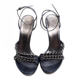 Pre Owned صندل غوتشي سيور كاحل تفاصيل سلسلة جلد أزرق مقاس 41