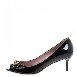 Pre Owned Gucci Black Patent Leather Horsebit Peep Toe Pumps Size 40