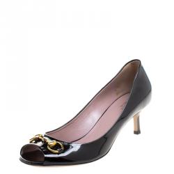 Pre Owned Gucci Black Patent Leather Horsebit Peep Toe Pumps Size 40
