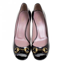 Pre Owned Gucci Black Patent Leather Horsebit Peep Toe Pumps Size 40