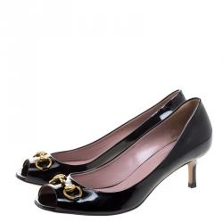 Pre Owned Gucci Black Patent Leather Horsebit Peep Toe Pumps Size 40