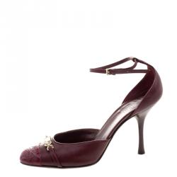 Pre Owned Gucci Bordeaux Leather Cap Toe Ankle Strap Sandals Size 37.5