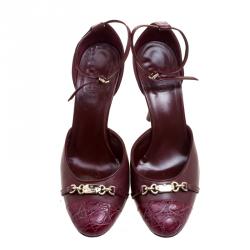 Pre Owned Gucci Bordeaux Leather Cap Toe Ankle Strap Sandals Size 37.5