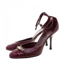 Pre Owned Gucci Bordeaux Leather Cap Toe Ankle Strap Sandals Size 37.5