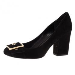 Pre Owned Gucci Black Suede Buckle Block Heel Pumps Size 40
