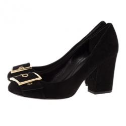 Pre Owned Gucci Black Suede Buckle Block Heel Pumps Size 40