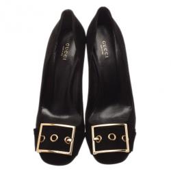 Pre Owned Gucci Black Suede Buckle Block Heel Pumps Size 40