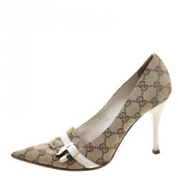 Pre Owned حذاء كعب عالي غوتشي مقدمة مدببة مزخرف سلسلة كانفاس GG بيج مقاس 37