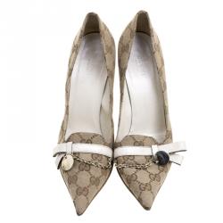 Pre Owned حذاء كعب عالي غوتشي مقدمة مدببة م زخرف سلسلة كانفاس GG بيج مقاس 37