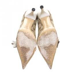 Pre Owned حذاء كعب عالي غوتشي مقدمة مدببة مزخرف سلسلة كانفاس GG بيج مقاس 37