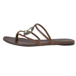 Pre Owned Gucci Brown Leather GG Cage Flat Thong Sandals Size 37.5