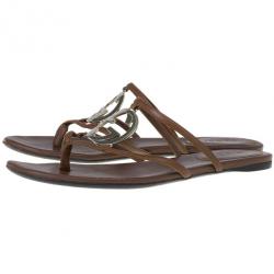 Pre Owned Gucci Brown Leather GG Cage Flat Thong Sandals Size 37.5