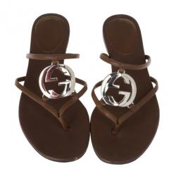Pre Owned Gucci Brown Leather GG Cage Flat Thong Sandals Size 37.5