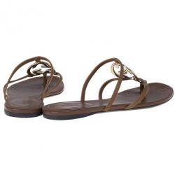 Pre Owned Gucci Brown Leather GG Cage Flat Thong Sandals Size 37.5