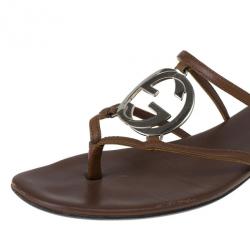 Pre Owned Gucci Brown Leather GG Cage Flat Thong Sandals Size 37.5