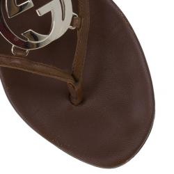 Pre Owned Gucci Brown Leather GG Cage Flat Thong Sandals Size 37.5