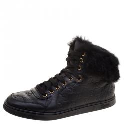 Gucci Black Guccissima Leather Cada Fur Trim High Top Sneakers Size 38.5