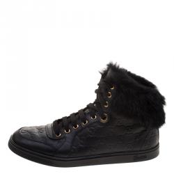 Gucci Black Guccissima Leather Cada Fur Trim High Top Sneakers Size 38.5