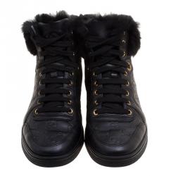 Gucci Black Guccissima Leather Cada Fur Trim High Top Sneakers Size 38.5