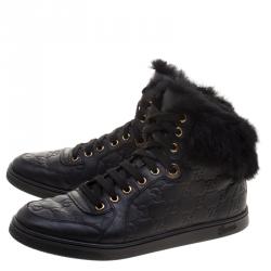 Gucci Black Guccissima Leather Cada Fur Trim High Top Sneakers Size 38.5