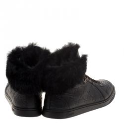 Gucci Black Guccissima Leather Cada Fur Trim High Top Sneakers Size 38.5