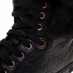 Gucci Black Guccissima Leather Cada Fur Trim High Top Sneakers Size 38.5