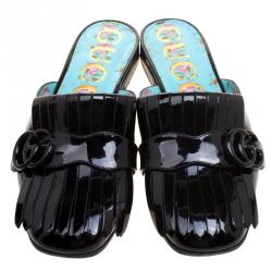 Pre Owned Gucci Black Patent Leather Marmont GG Fringe Detail Slippers Size 37.5