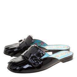 Pre Owned Gucci Black Patent Leather Marmont GG Fringe Detail Slippers Size 37.5