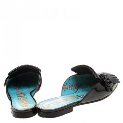 Pre Owned Gucci Black Patent Leather Marmont GG Fringe Detail Slippers Size 37.5
