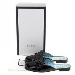 Pre Owned Gucci Black Patent Leather Marmont GG Fringe Detail Slippers Size 37.5