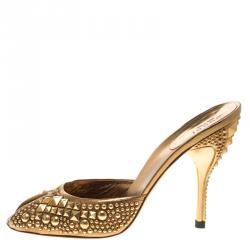 Pre Owned Gucci Metallic Gold Studded Leather Peep Toe Slide Mules Size 39