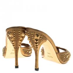 Pre Owned Gucci Metallic Gold Studded Leather Peep Toe Slide Mules Size 39