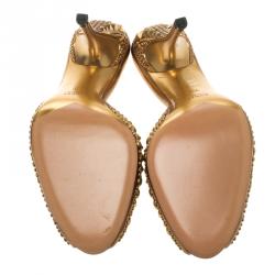 Pre Owned Gucci Metallic Gold Studded Leather Peep Toe Slide Mules Size 39