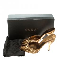 Pre Owned Gucci Metallic Gold Studded Leather Peep Toe Slide Mules Size 39