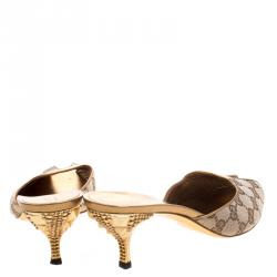 مملوكة مسبقًا حذاء غوتشي مقدمة مفتوحة كعب مرصع كانفاس GG بيج مقاس 39