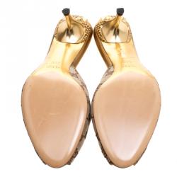 مملوكة مسبقًا حذاء غوتشي مقدمة مفتوحة كعب مرصع كانفاس GG بيج مقاس 39