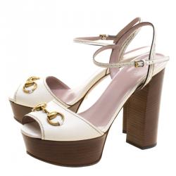Pre Owned Gucci White Leather Lifford Horsebit Ankle Strap Block Heel Sandals Size 38