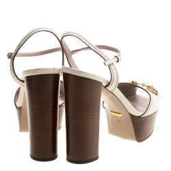 Pre Owned Gucci White Leather Lifford Horsebit Ankle Strap Block Heel Sandals Size 38