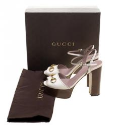 Pre Owned Gucci White Leather Lifford Horsebit Ankle Strap Block Heel Sandals Size 38