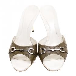 Pre Owned Gucci Olive Green Guccissima Leather Horsebit Slides Size 39.5