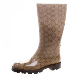 Pre Owned Gucci Biege GG Rubber Edimburg Rain Boots Size 38